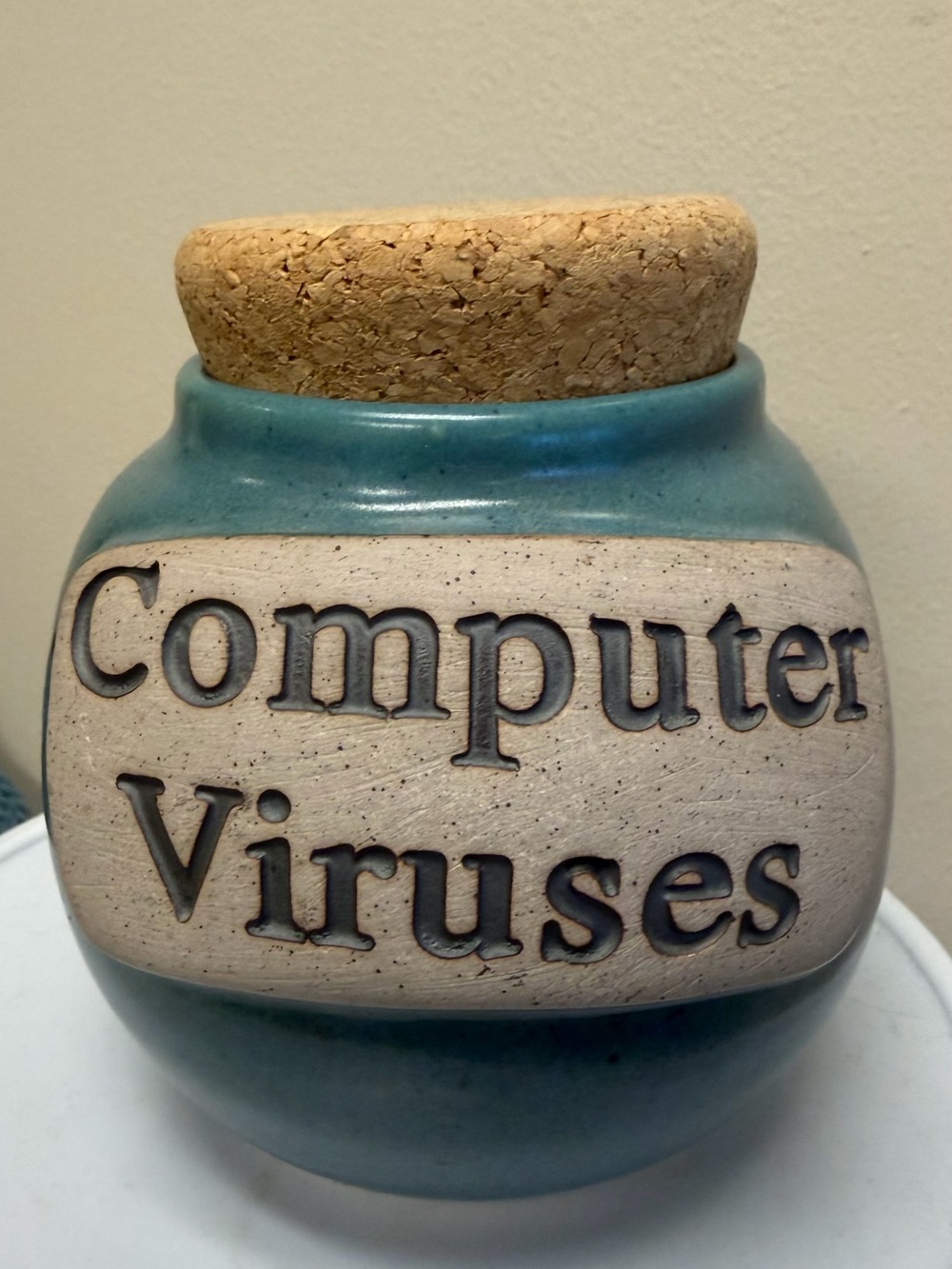 Ceramic Storage Jar with Cork Lid – Blue 'Computer Viruses' Label